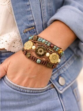 Hand Crafted Small Boho Sunburst Turquoise Leather Wrap Bracelet